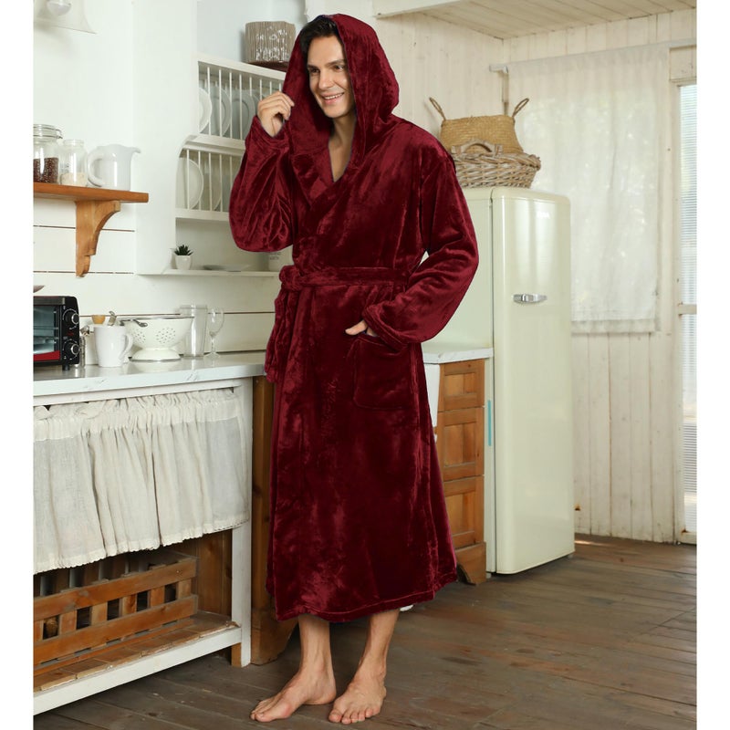 U2SKIIN Mens Fleece Hooded Robe Plush Bathrobe (Wine Red, L/XL) - Image 3